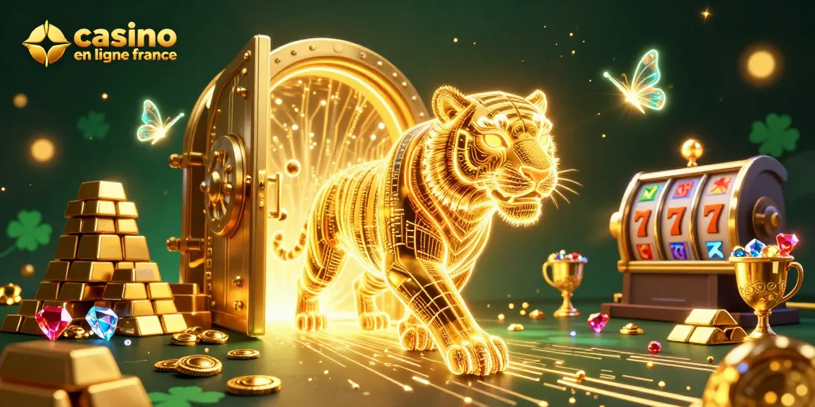 Illustration dynamique de casino en ligne France avec un tigre en lumière et symboles porte-bonheur