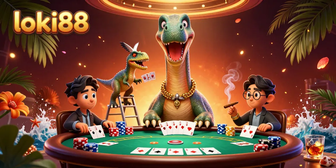 Experience loki88 excitement with a giant brontosaurus above a lively poker table