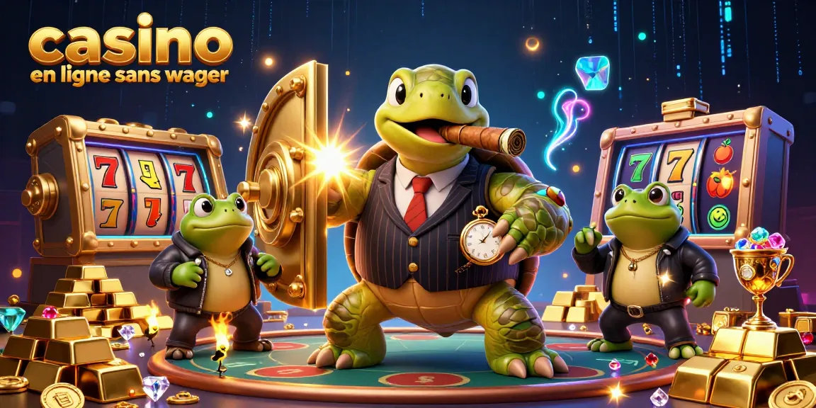 Illustration de casino en ligne sans wager avec une tortue massive en costume, des grenouilles et des trésors lumineux.