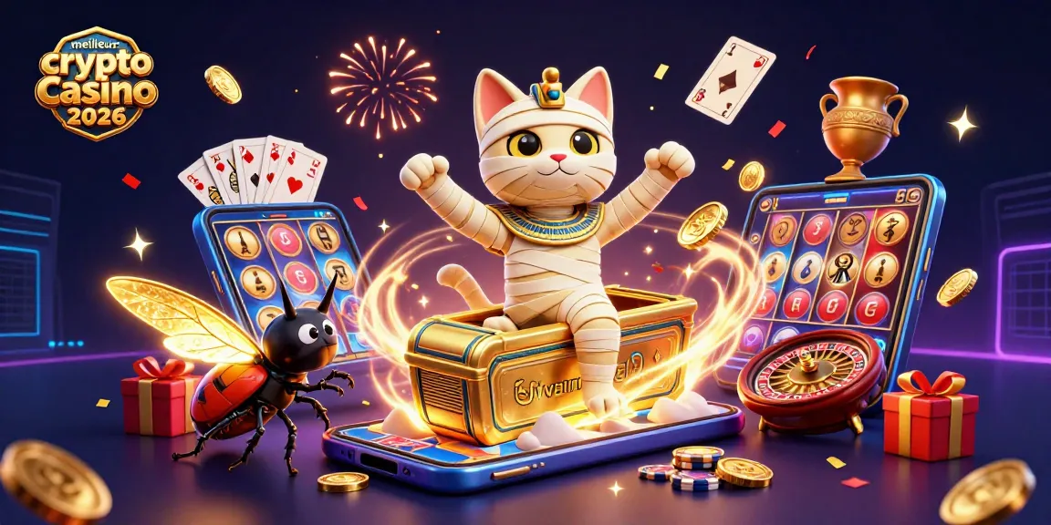 Illustrez les meilleurs crypto casino 2026 avec un chat momie égyptien et des éléments de jeu colorés.