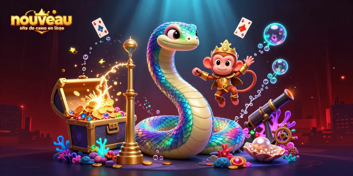 Jouez sur un nouveau site de casino en ligne avec une illustration vibrante de serpent et roi singe dans un cadre magique.