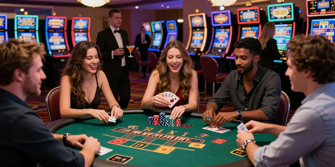 Exciting scene of friends enjoying credit card casinos at a blackjack table with colorful chips and lively atmosphere.