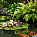 Vibrant British pond plants with water lilies and reeds thriving in a tranquil garden pond.