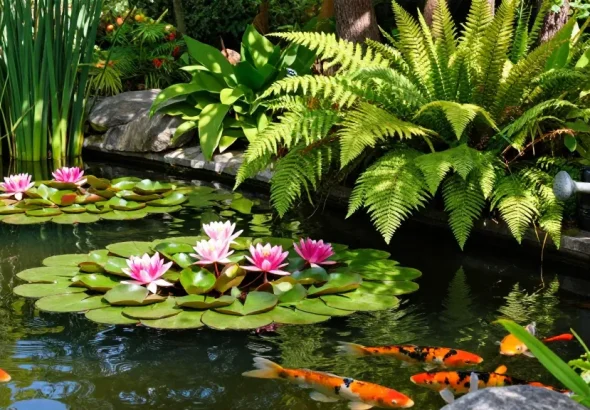Vibrant British pond plants with water lilies and reeds thriving in a tranquil garden pond.
