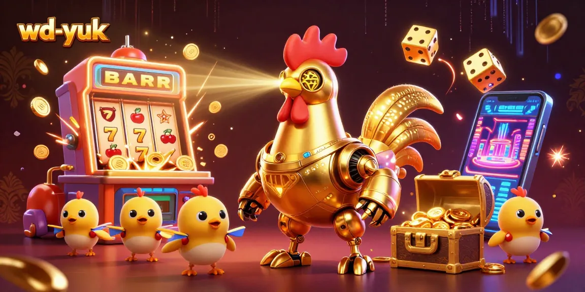 Experience wd-yuk with a vibrant illustration showcasing a golden rooster robot amidst dynamic casino elements.