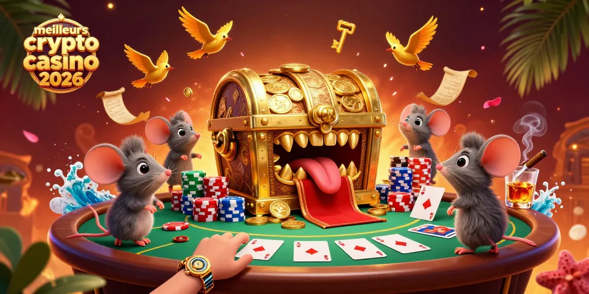 Exploration des meilleurs crypto casino 2026 avec une scène dynamique de trésor et de jeux de cartes