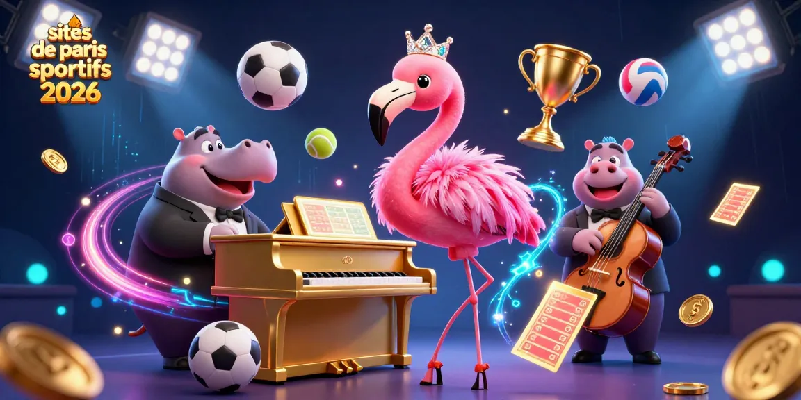 Visuels captivants des sites de paris sportifs 2026 avec un flamant et un hippopotame dans un casino.