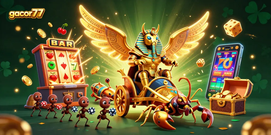 Gacor77 hadir dengan ilustrasi kasino berwarna cerah yang menggambarkan permainan slot yang penuh kemenangan.