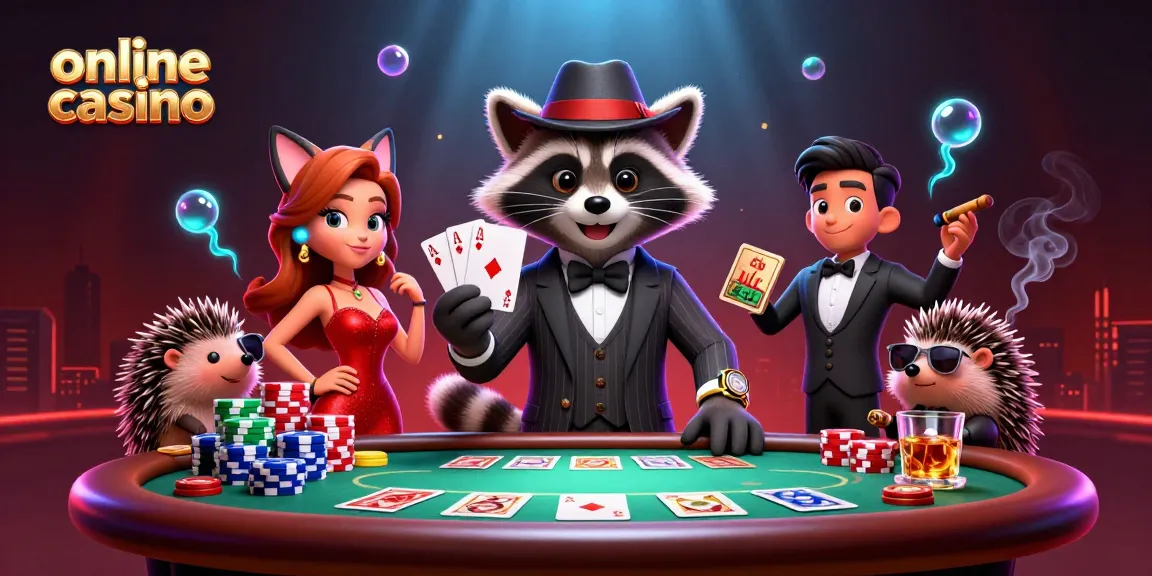 Engage in a lively online casino atmosphere with a raccoon, fox lady, and hedgehog in a vibrant poker scene.