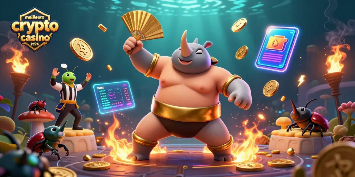 Illustration mêlant les meilleurs crypto casino 2026, représentant un combat de sumo cartoon entre insectes, pièces de crypto-monnaie et ambiance animée.
