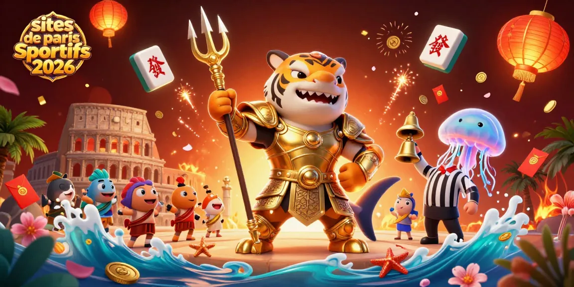 Aperçu visuel captivant des sites de paris sportifs 2026 avec un requin tigre 3D en armure dorée et des éléments de jeu colorés