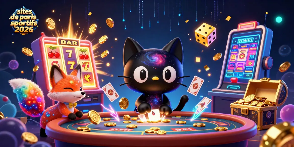 Découvrez les sites de paris sportifs 2026 avec un chat noir gravitationnel et un renard nébuleux dans un casino cosmique animé.